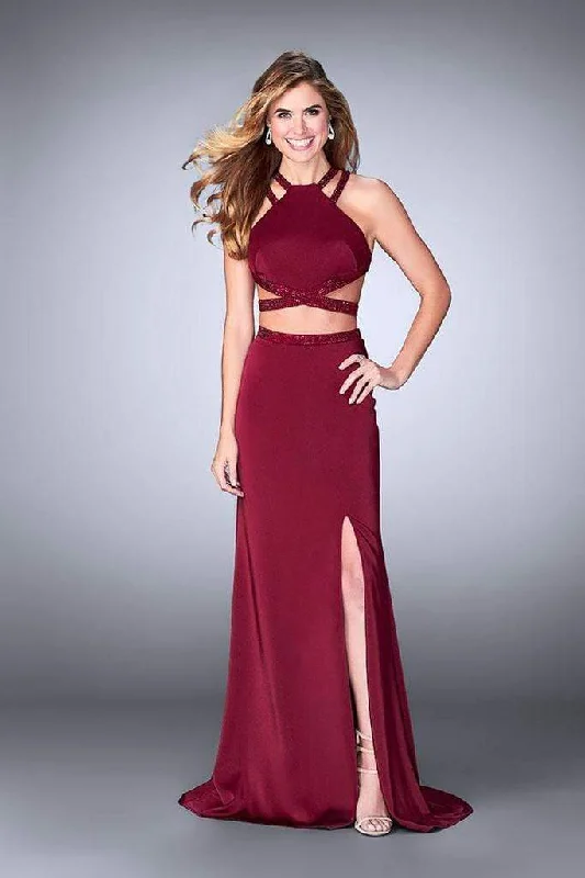 Value Deals La Femme - Two Piece Beaded Strappy Halter Prom Gown 24420SC