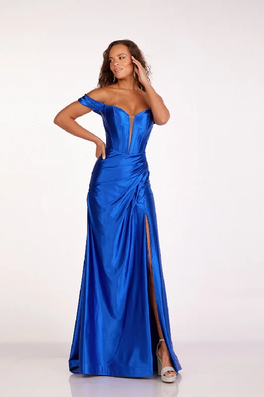 Great Deals Satin Off Shoulder Slit Gown by Abby Paris 90216
