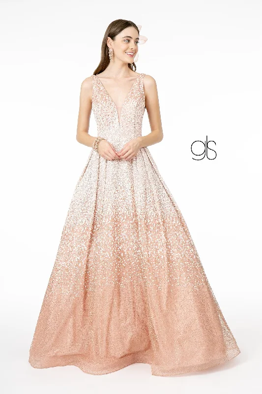 Super Bargain Glitter Tulle Long Illusion V-Neck Dress by Elizabeth K GL2908
