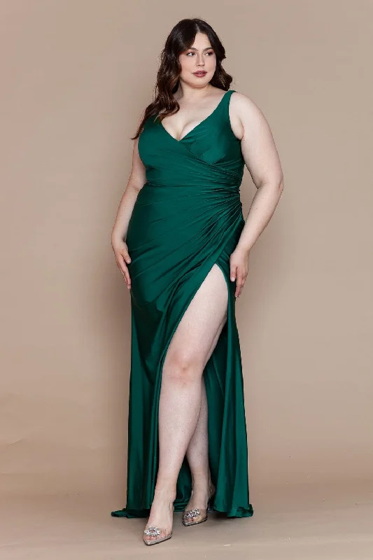 Early Access Plus Size Fitted V-Neck Slit Gown by Poly USA W1114