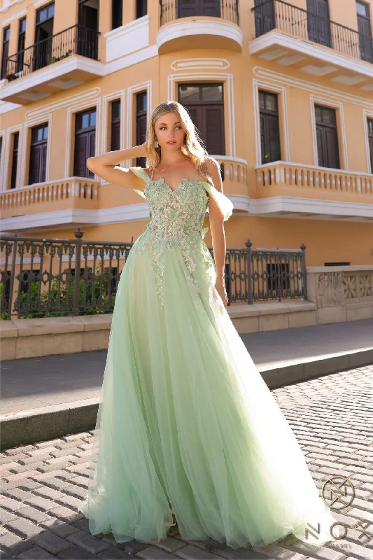 Super Sale Butterfly Applique Off Shoulder Gown by Nox Anabel J1324