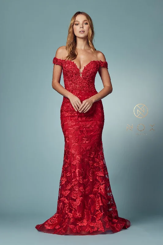 Midnight Madness Applique Off Shoulder Mermaid Gown by Nox Anabel C439