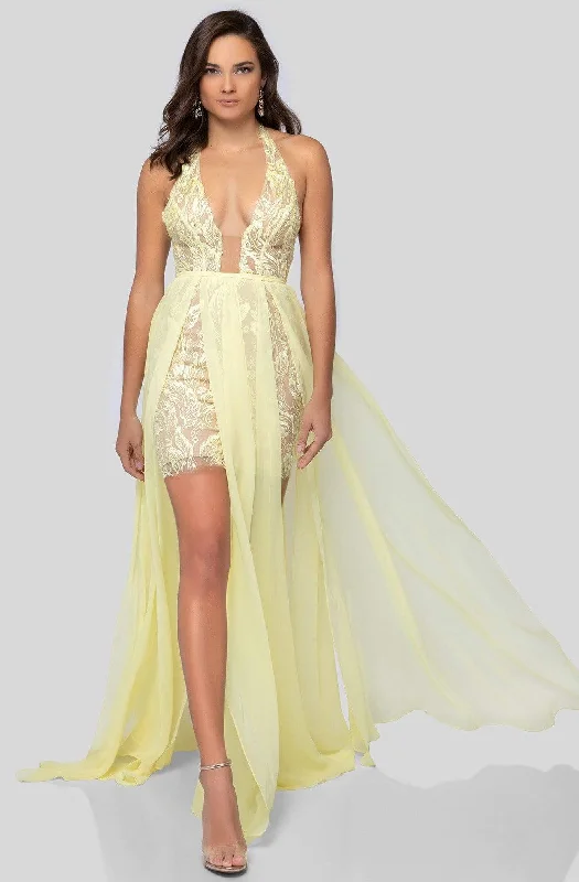 Price Reduction Terani Couture - 1913P8314 Beaded Lace Deep Halter Vneck Chiffon Dress
