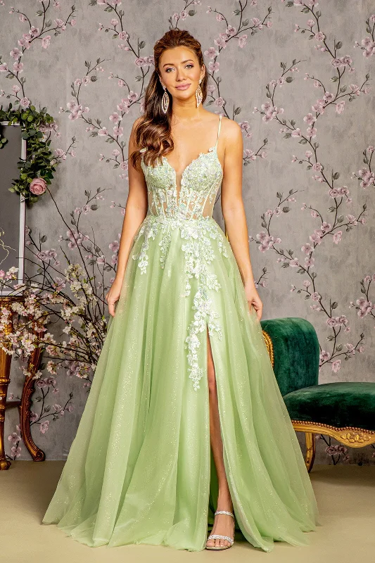 Doorbuster Deal Butterfly Applique Sleeveless Slit Gown by GLS Gloria GL3212