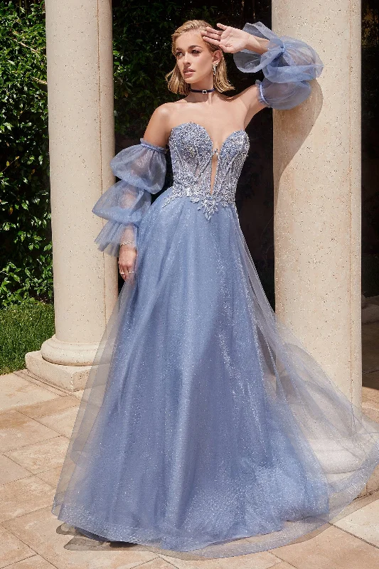 Overstock Beaded Strapless Puff Sleeve Tulle Gown by Ladivine CD830