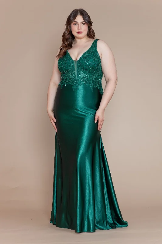 Sneak Peek Sale Plus Size Fitted Embroidered V-Neck Gown by Poly USA W1160