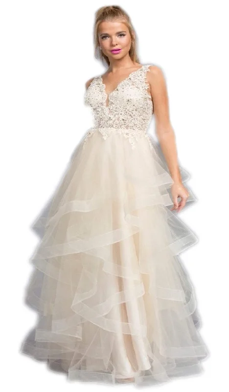 Final Markdown Trevi Collection - Lace V-neck Tiered Ruffled A-line Prom Dress