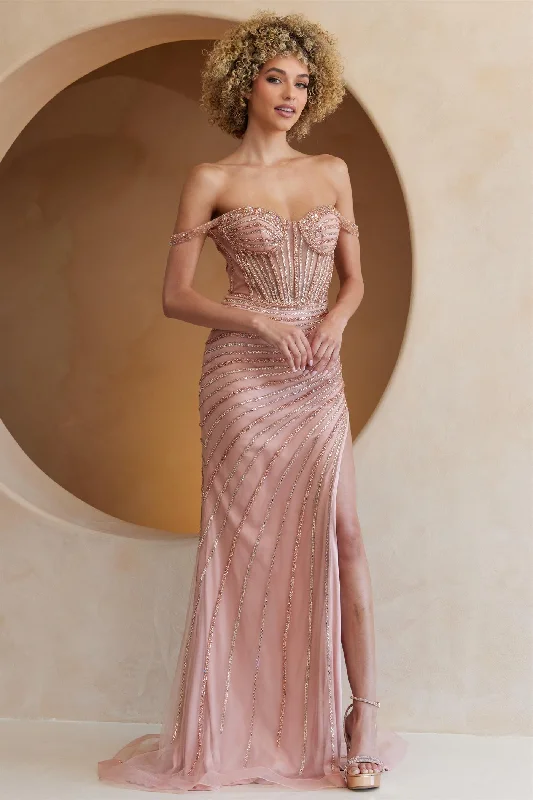 Super Sale Beaded Off Shoulder Slit Gown by Amelia Couture TM1029