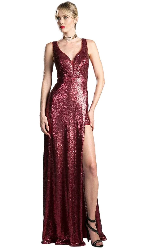 Overstock Sale Ladivine CH565 - V-Neck Fitted Silhouette and Slit Evening Gown