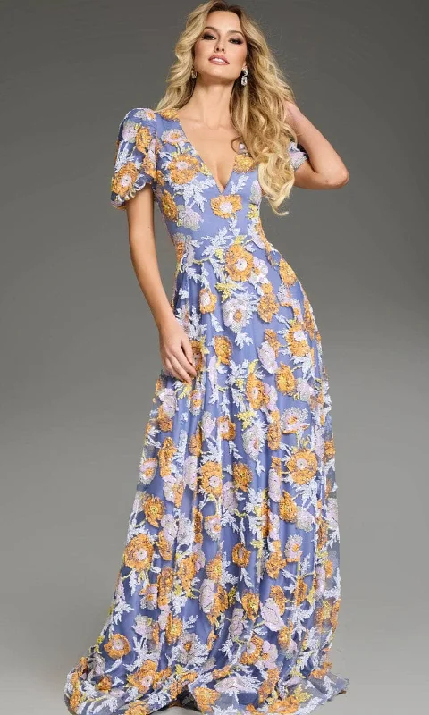 Steals and Deals Jovani 39273 - Floral Embroidered Puff Sleeve Prom Gown