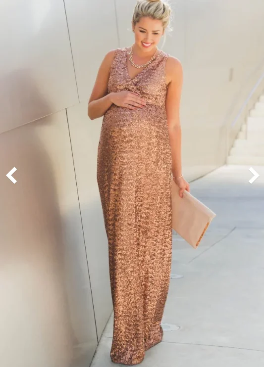 Super Deal Other Gold Sequin V Neck Sleeveless Maternity Evening Go