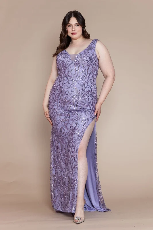 Bonus Savings Plus Size Glitter Print Sleeveless Slit Gown by Poly USA W1140