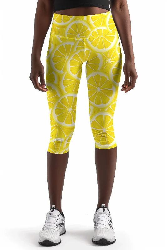 Massive Deals A Piece of Sun Ellie Yellow Lemon Print Yoga Capri Leggings - Women