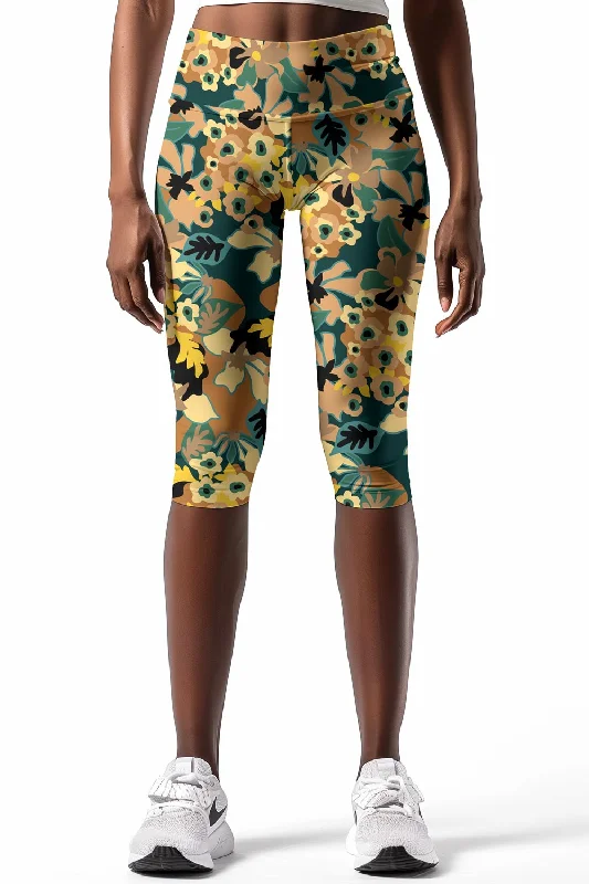 Hurry In Admiration Ellie Brown Floral Leaf Printed Yoga Capri Leggings - Women