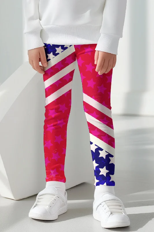 Don’t Miss Out Americana Lucy Red & Blue USA Flag Printed Leggings - Kids