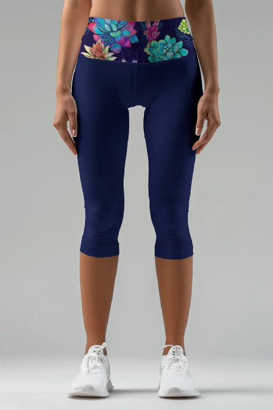 Limited Quantity Bali Blue Ellie Navy Printed Waistband Yoga Capri Leggings - Women