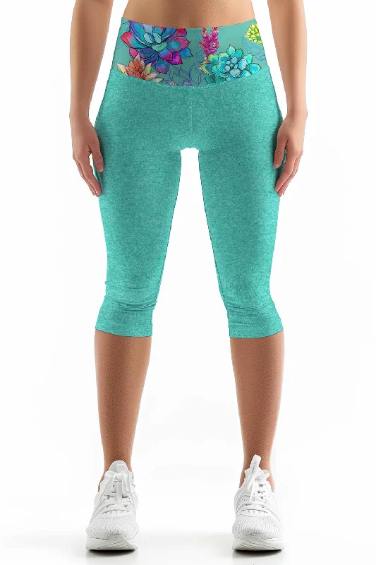 Hurry In Bali Mint Ellie Floral Print Athletic Gym Yoga Capri Leggings - Women