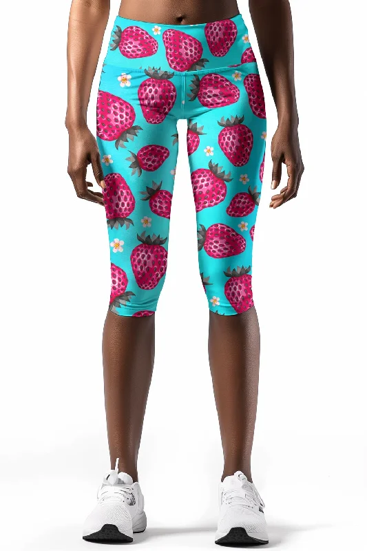 Year-End Clearance Berry Cute Ellie Blue Strawberry Print Yoga Capri Leggings - Women Year-End Clearance Berry Cute Ellie Blue Strawberry Print Yoga Capri Leggings - Women