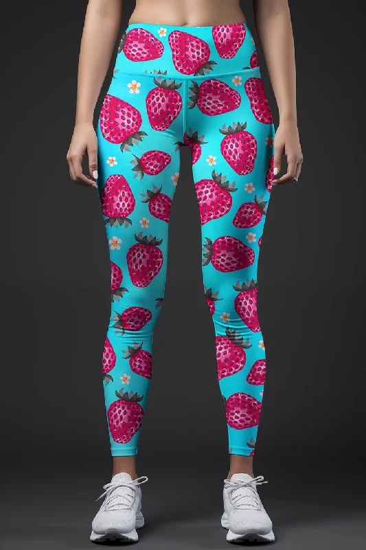 Special Promotion Berry Cute Lucy Blue Strawberry Print Leggings Yoga Pants - Women
