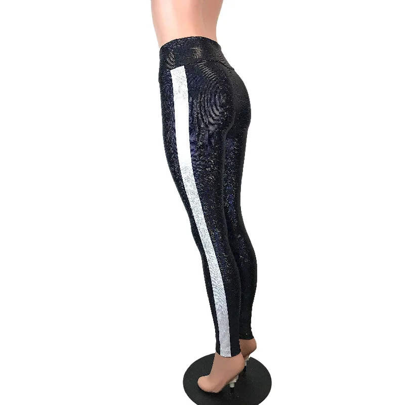 Markdowns Black w/ Silver Stripe Shattered Glass Holographic Leggings Pants