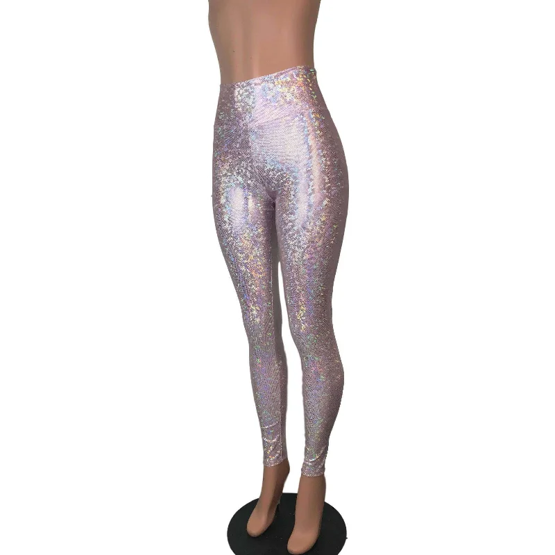 Exclusive Deal Blush Pink Shattered Glass Holographic Leggings Pants