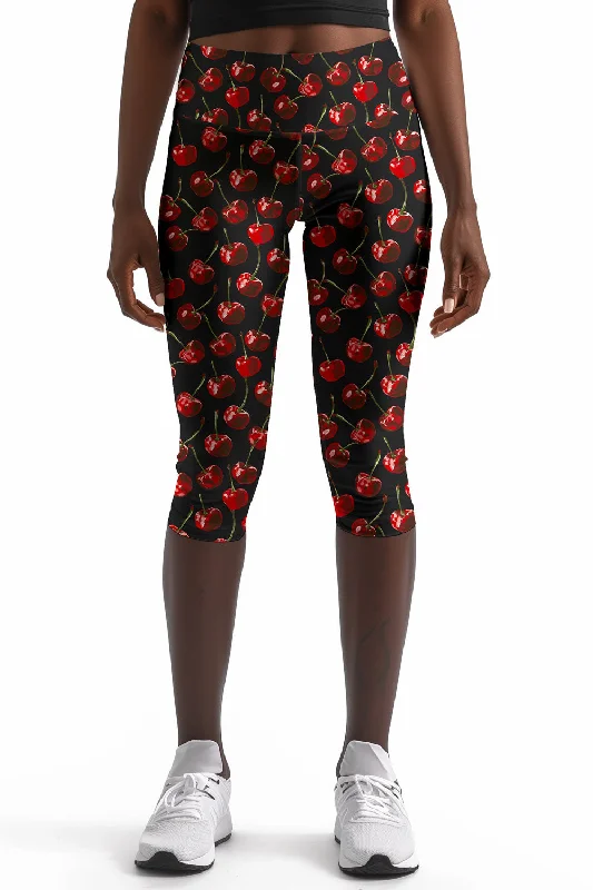Price Rollback Cherries on Top Black Ellie Fruity Printed Yoga Capri Leggings - Women Price Rollback Cherries on Top Black Ellie Fruity Printed Yoga Capri Leggings - Women