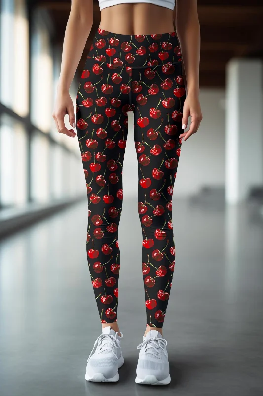 Don't Wait Cherries on Top Black Lucy Fruity Printed Leggings Yoga Pants - Women