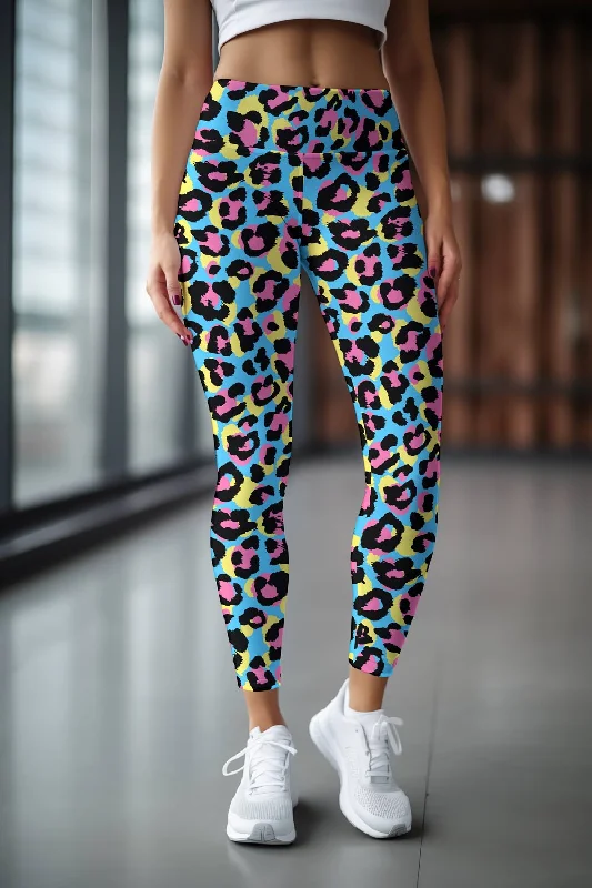 Price Break Chica Bomb Lucy Blue Leopard Print Workout Leggings Yoga Pants - Women