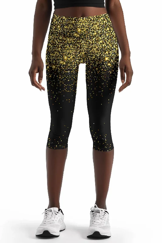 Price Cut Chichi Ellie Black & Gold Glitter Printed Yoga Capri Leggings - Women