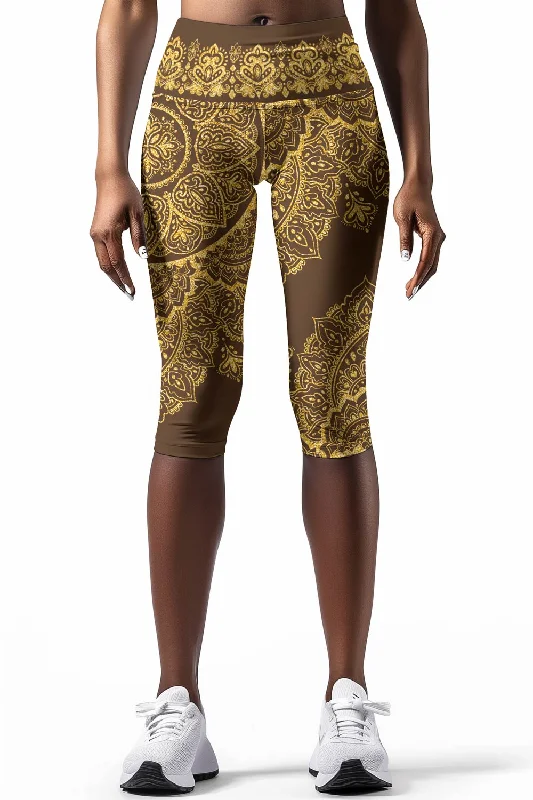 Special Price Chocolate Nirvana Ellie Brown Boho Performance Capri Leggings - Women