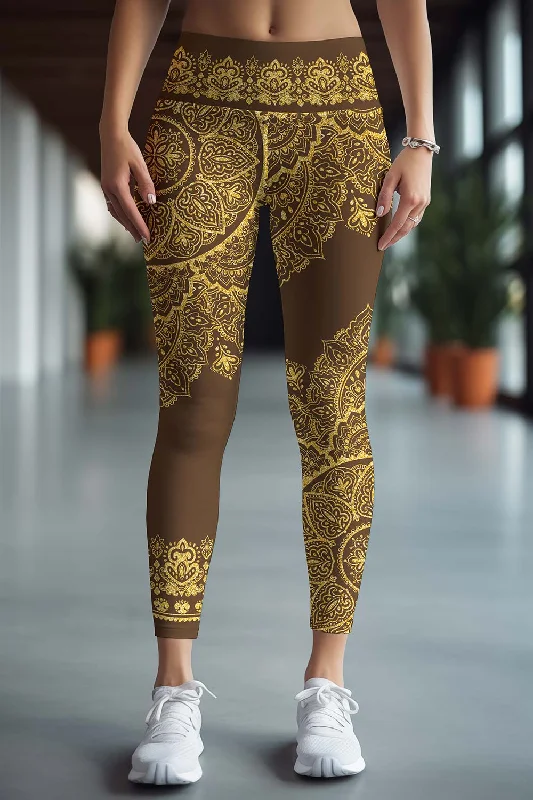 Daily Deals Chocolate Nirvana Lucy Brown Boho Printed Leggings Yoga Pants - Women