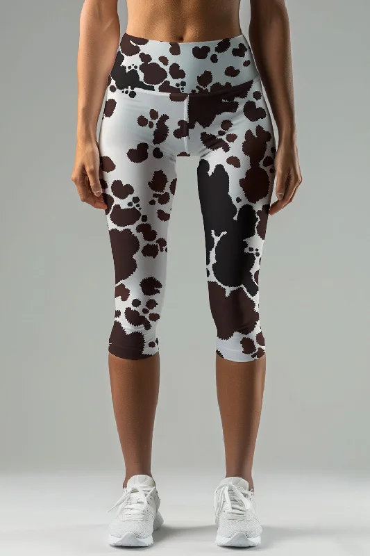 Reduced Prices Cowgirl Ellie White Brown Cow Animal Print Yoga Capri Leggings - Women Reduced Prices Cowgirl Ellie White Brown Cow Animal Print Yoga Capri Leggings - Women