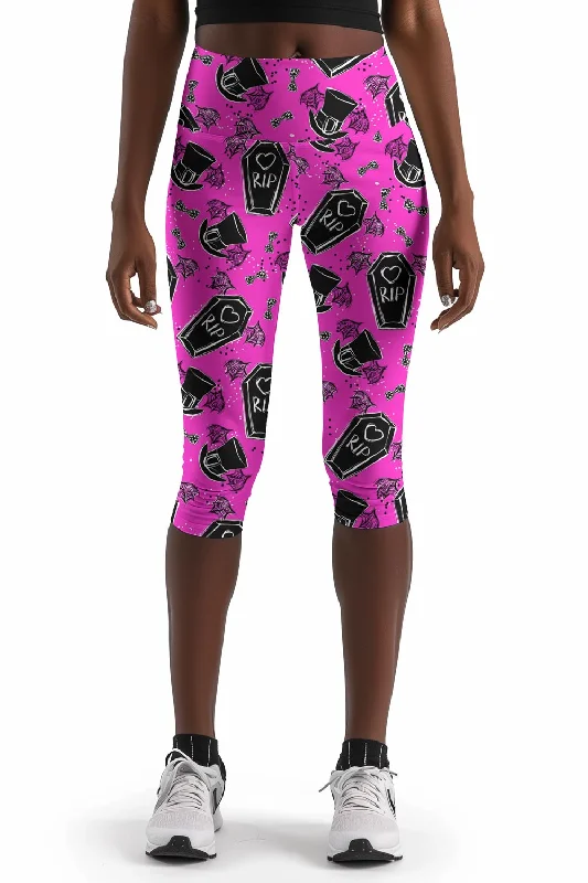 Final Sale Creepin' it Real Ellie Pink Goth RIP Print Yoga Capri Leggings - Women