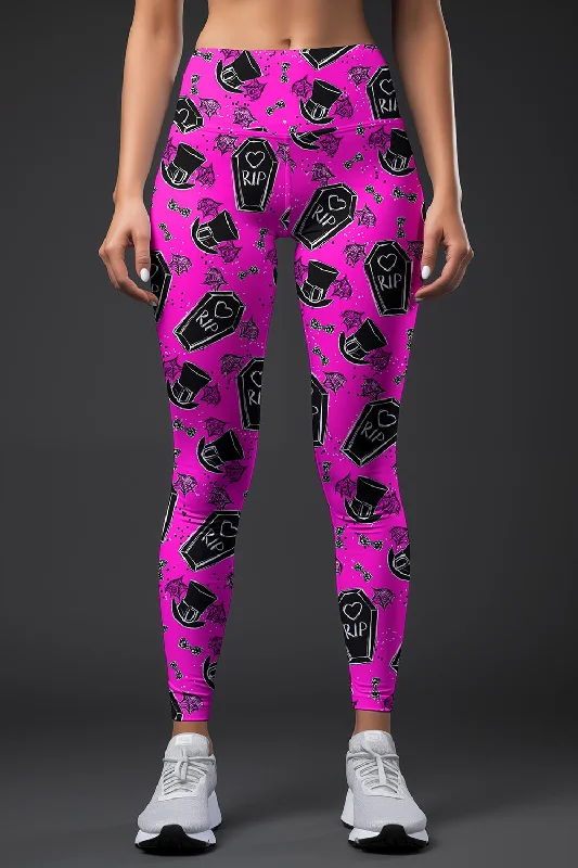 Price Fest Creepin' it Real Lucy Pink Goth RIP Print Leggings Yoga Pants - Women