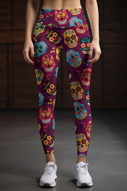 New Arrival faBOOlous Lucy Purple Calavera Print Leggings Yoga Pants - Women