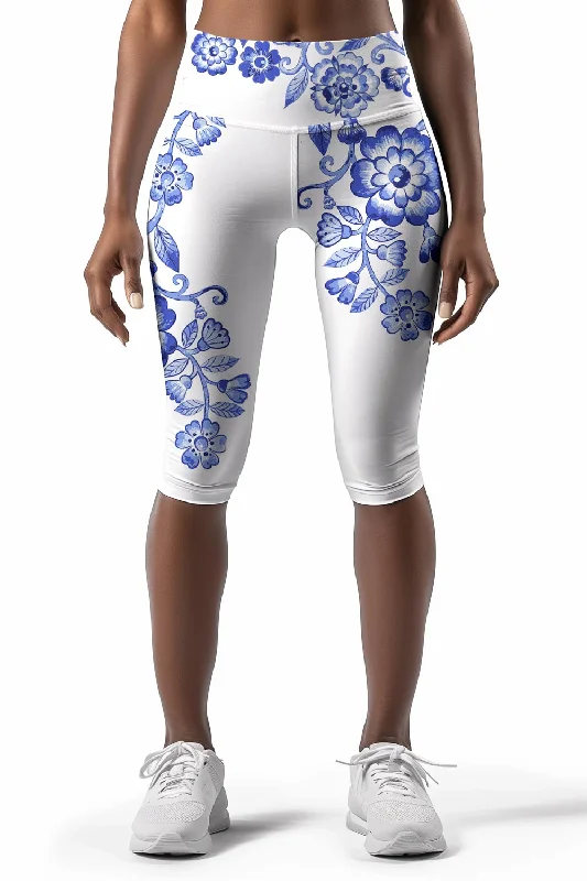 Price Cut Flowerful Ellie White Blue Floral Printed Yoga Capri Leggings - Women