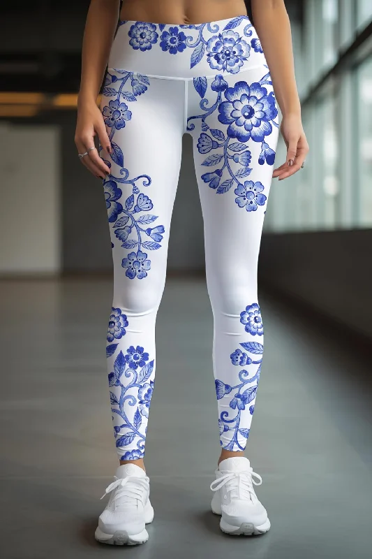 Discount Deals Flowerful Lucy White Blue Floral Printed Leggings Yoga Pants - Women