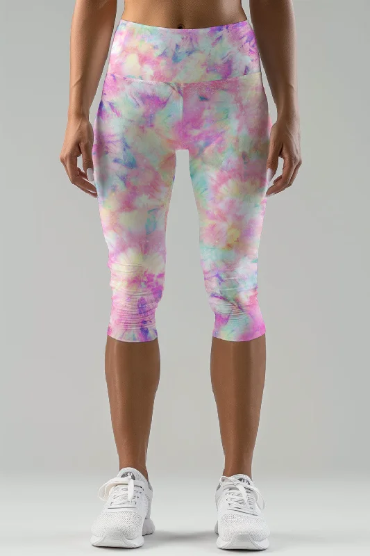 Markdown Madness Girly Swirl Ellie Pink Tie Dye Performance Yoga Capri Leggings - Women Markdown Madness Girly Swirl Ellie Pink Tie Dye Performance Yoga Capri Leggings - Women