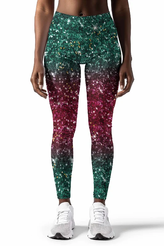 Get It Before It’s Gone Glitzy Tinsel Lucy Green Glitter Printed Leggings Yoga Pants - Women
