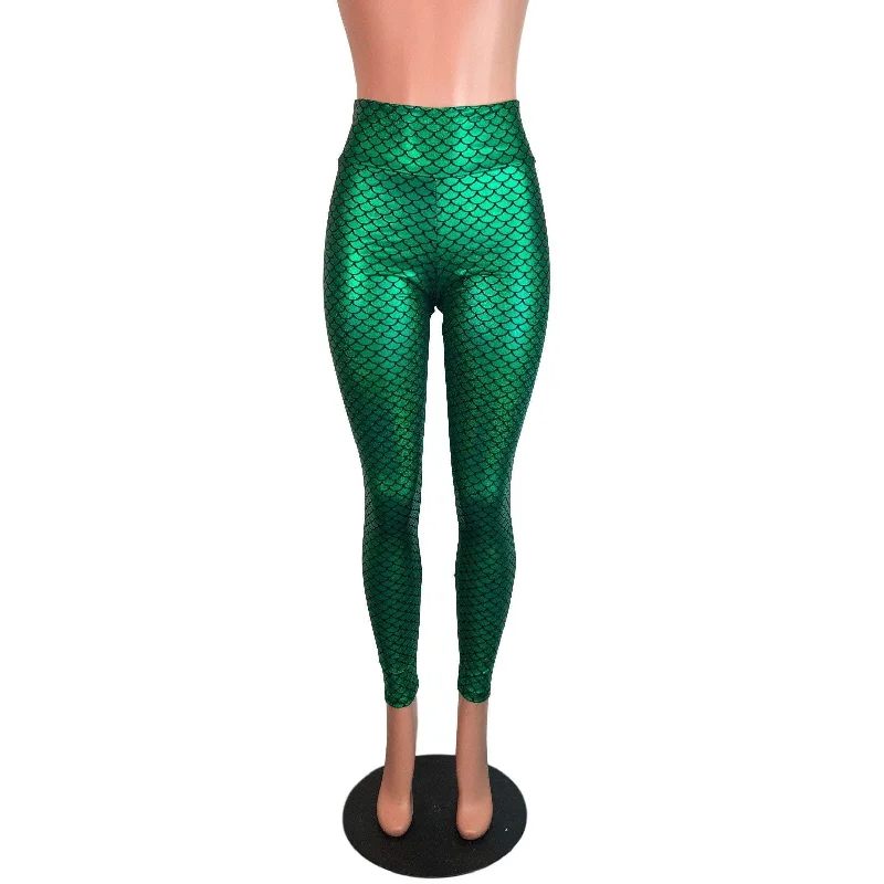 Final Clearance Green Mermaid Scale Holographic High Waisted Leggings Pants