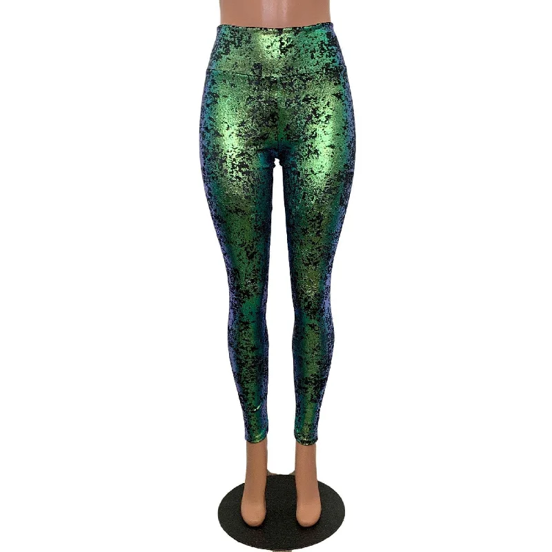 Discount Mania Green on Black Gilded Velvet High Waisted Leggings Pants