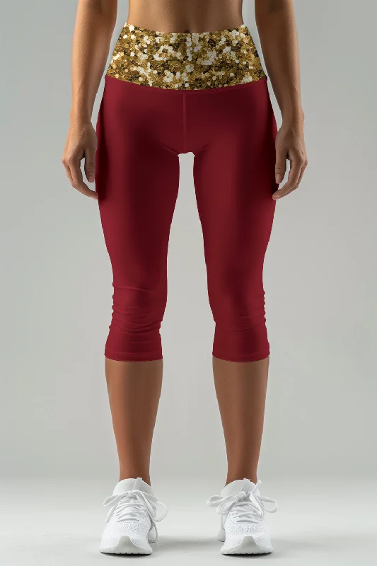Major Savings Haute Maroon Ellie Gold Glitter Print Yoga Capri Leggings - Women