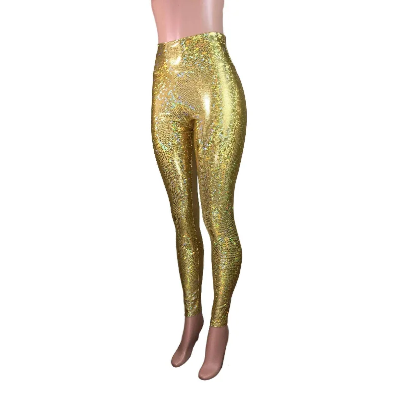 Instant Discount High Waist Leggings - Gold Shattered Glass Holographic Pants