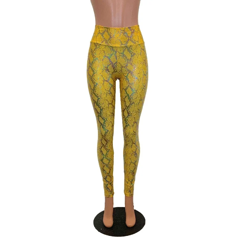 Special Offer High Waist Leggings - Yellow Snakeskin Holographic