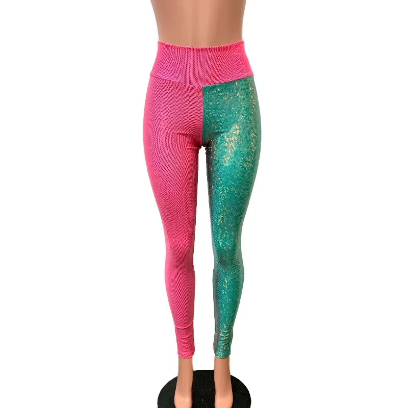 Mega Sale Holographic Colorblock Leggings - Pink and Jade Shattered Glass