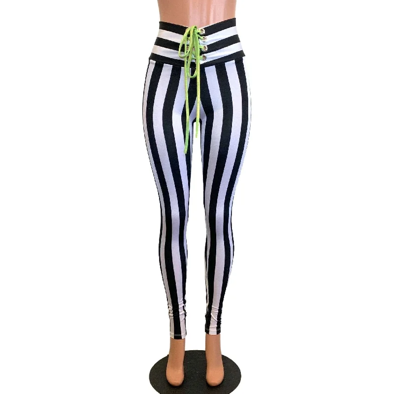 Bonus Savings Lace-Up High Waist Leggings - Black & White Striped
