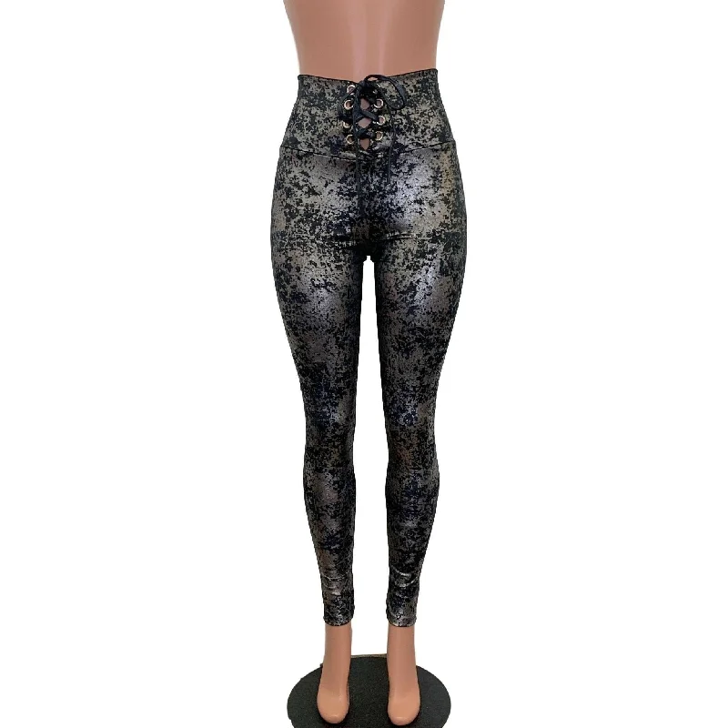 Don't Miss Lace-Up High Waist Leggings - Gunmetal on Black Gilded Velvet