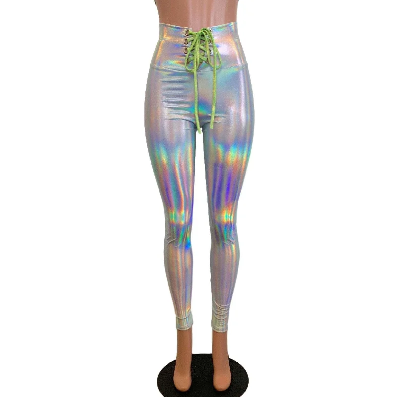 Price Drop Lace-Up High Waist Leggings - Opal Holographic Iridescent