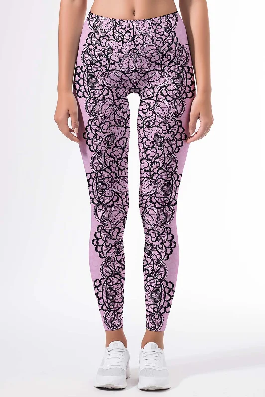 Today Only Lady Vamp Lucy Pink Lace Print Leggings Yoga Pants - Women
