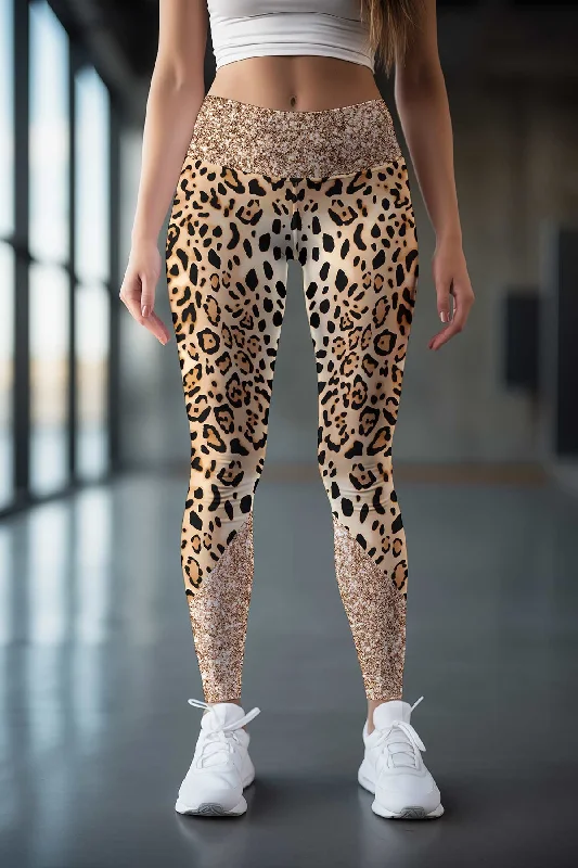 Don't Wait Let's Go Wild Lucy Brown Gold Animal Print Leggings Yoga Pants - Women